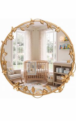 Huwena 24 Inch Round Gold Mirror, Ornate Floral Butterfly Frame Wall Mirror