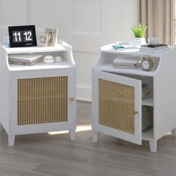 New set of 2 White Night Stand with Charging Station Farmhouse Bedside Table with Rattan Door 