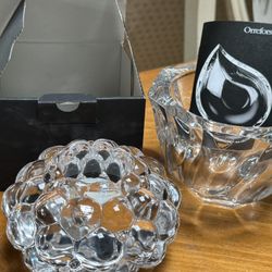 2 New Orrefors art glass candy dish & candle holder
