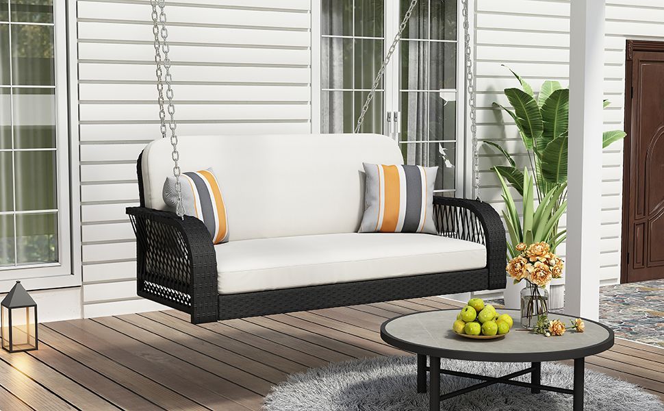 PE Wicker Porch Swing, Seater Hanging Bench With Chains, Patio