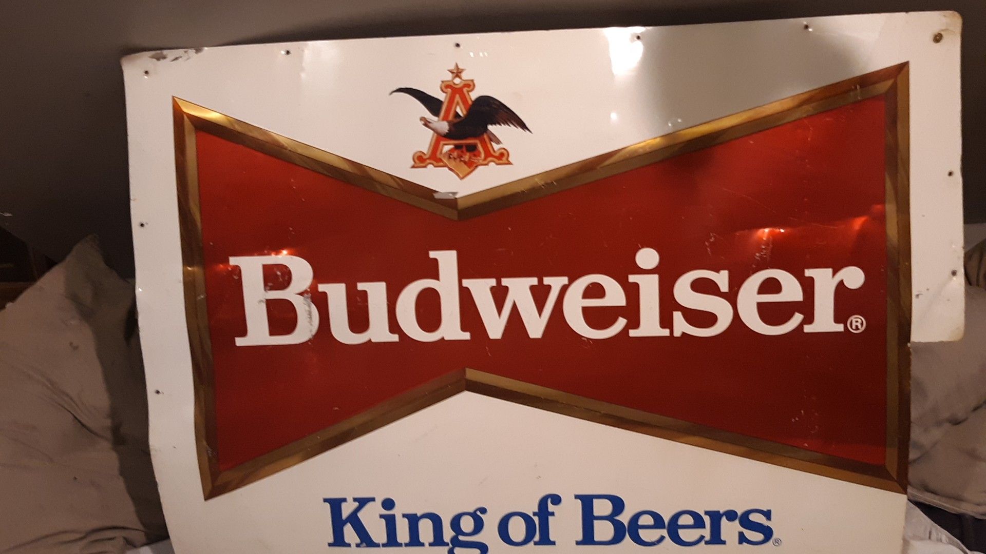 LARGE VINTAGE BUDWEISER KING OF BEERS BEER 35.5"x 25.5METAL SIGN WALL, DELIVERY TRUC