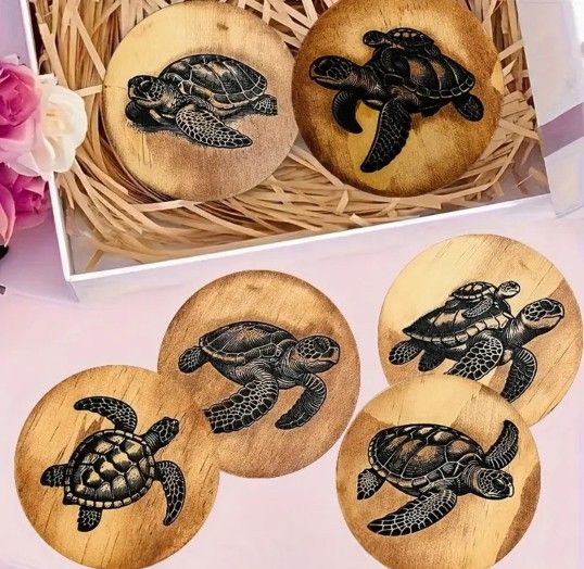 Set Of 6 Turtle Wooden Coasters