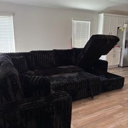 Black Fluffy Corduroy Sectional Couch With Pop Up Bed & Storage Delivery Available 🚚