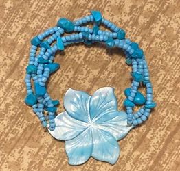 Shell flower bracelet tropical blue seed beads and stones stretch band