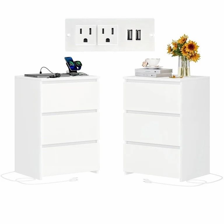Homfa 3-Drawer Nightstand with Charging Station (Set of 2)
