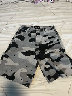 Homme + Femme Camo Denim Shorts with Rhinestones