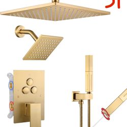 Shower Faucet Set Brushed Gold Shower System,Push Button Diverter Shower Faucet with 2 in 1 Handheld,Ceiling Mount 10 Inch Shower Head with 6 Inch Wal