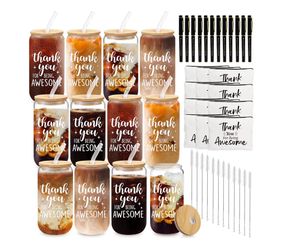 (8888-41) 12 Set Employee Appreciation Gifts Thank You Gifts Bulk for Coworker Staff Teacher Nurses, Thank You Glass Cups 16 oz Can Shaped Beer Glass 