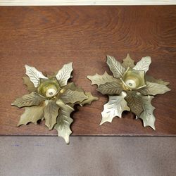 Vintage Pair Solid Brass Maple Leaf Shape Chamber Stick Candle Holders 
