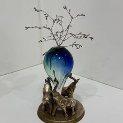 Vintage Crystal Vase Supported by 3 Solid Brass Elephants