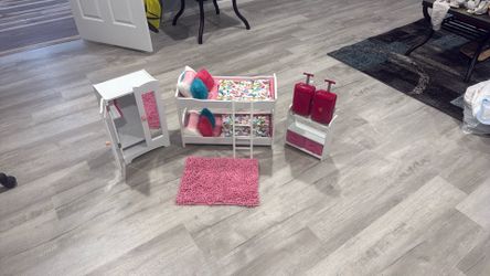 American Girl Doll Bunk Beds, Dresser, Shelves, And Suitcases