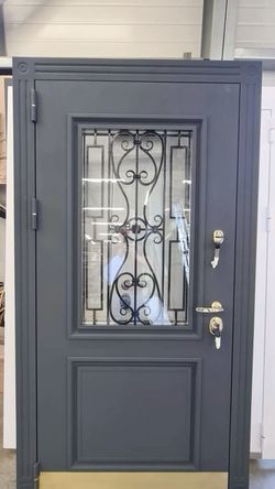 Gray Steel Entry Door with Decorative Glass Insert