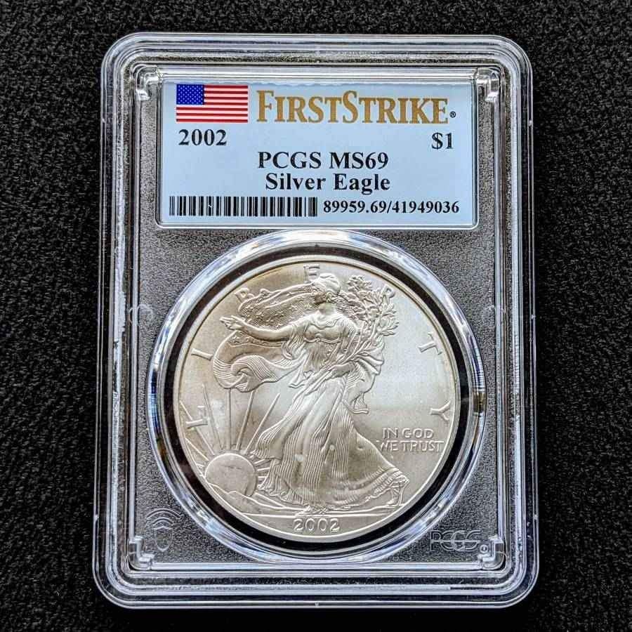 2002 American Silver Eagle 1 oz fine .999 pure silver PCGS slabbed and graded MS69 $1 coin