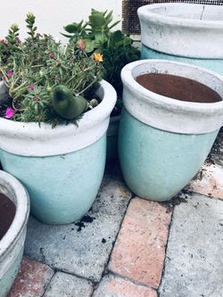 4 Pottery Barn Blue With White Glazed Planters/Pots With Drainage Hole in