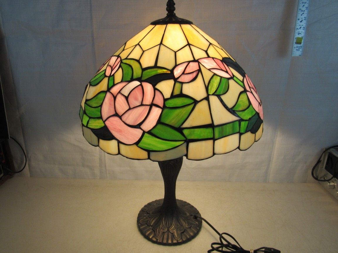 Tiffany Style Floral Stained Glass Antique Brass Table Lamp 23 " Tall