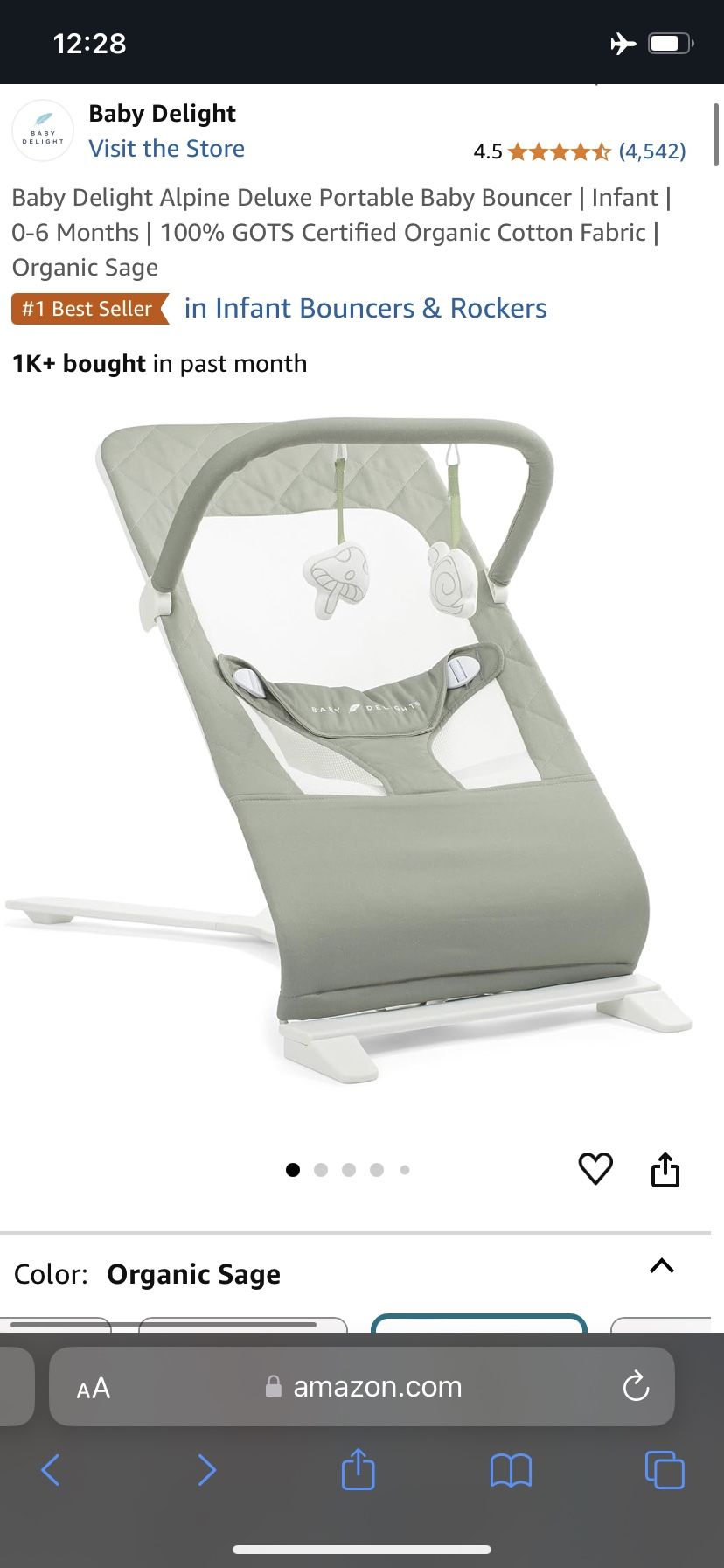 Baby Delight Alpine Deluxe Portable Baby Bouncer- organic cotton- sage