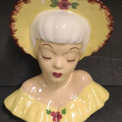 Beautiful Vintage 1950s Yellow Ceramic Lady Head vase