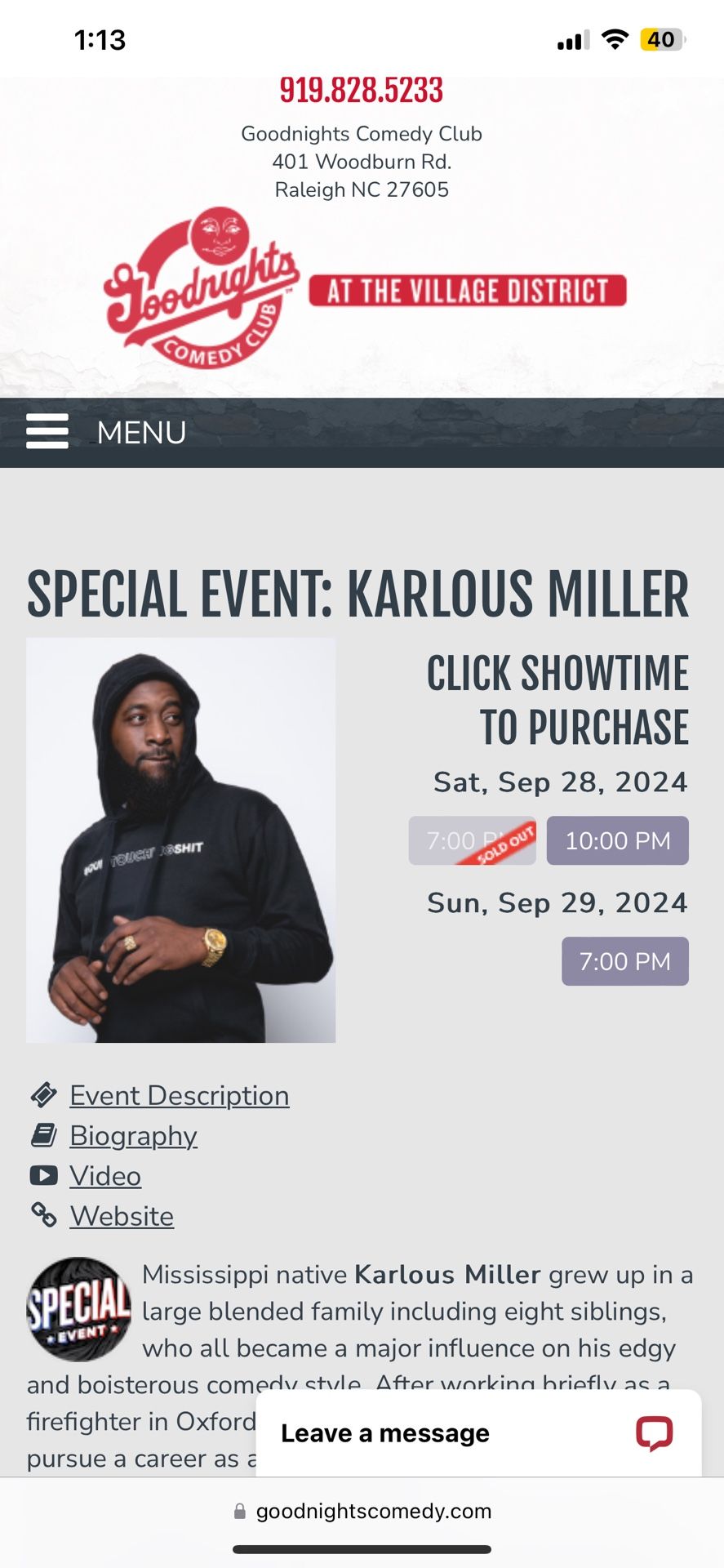 2 tickets to see Karlous miller @ Goodnights comedy club in Raleigh 9/29 @7:00