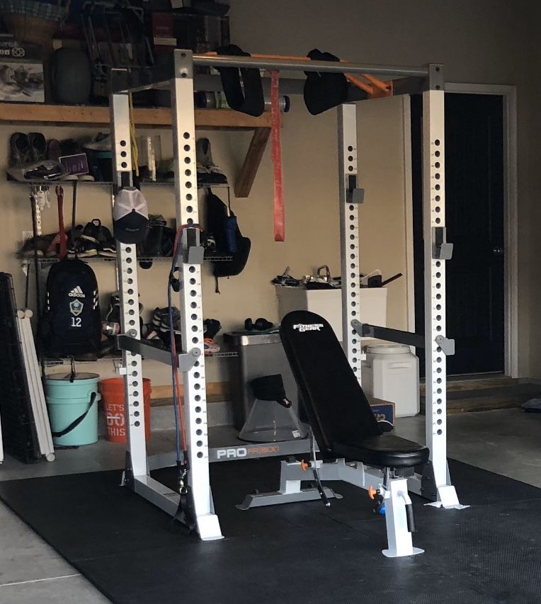 Fitness Gear full rack w/ weights, bar, and adjustable bench