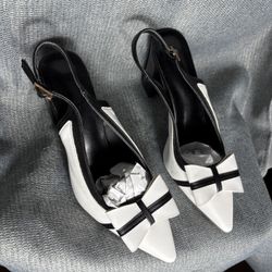 White Black Heels With Large Bows Size 9, Elegant Formal Classy