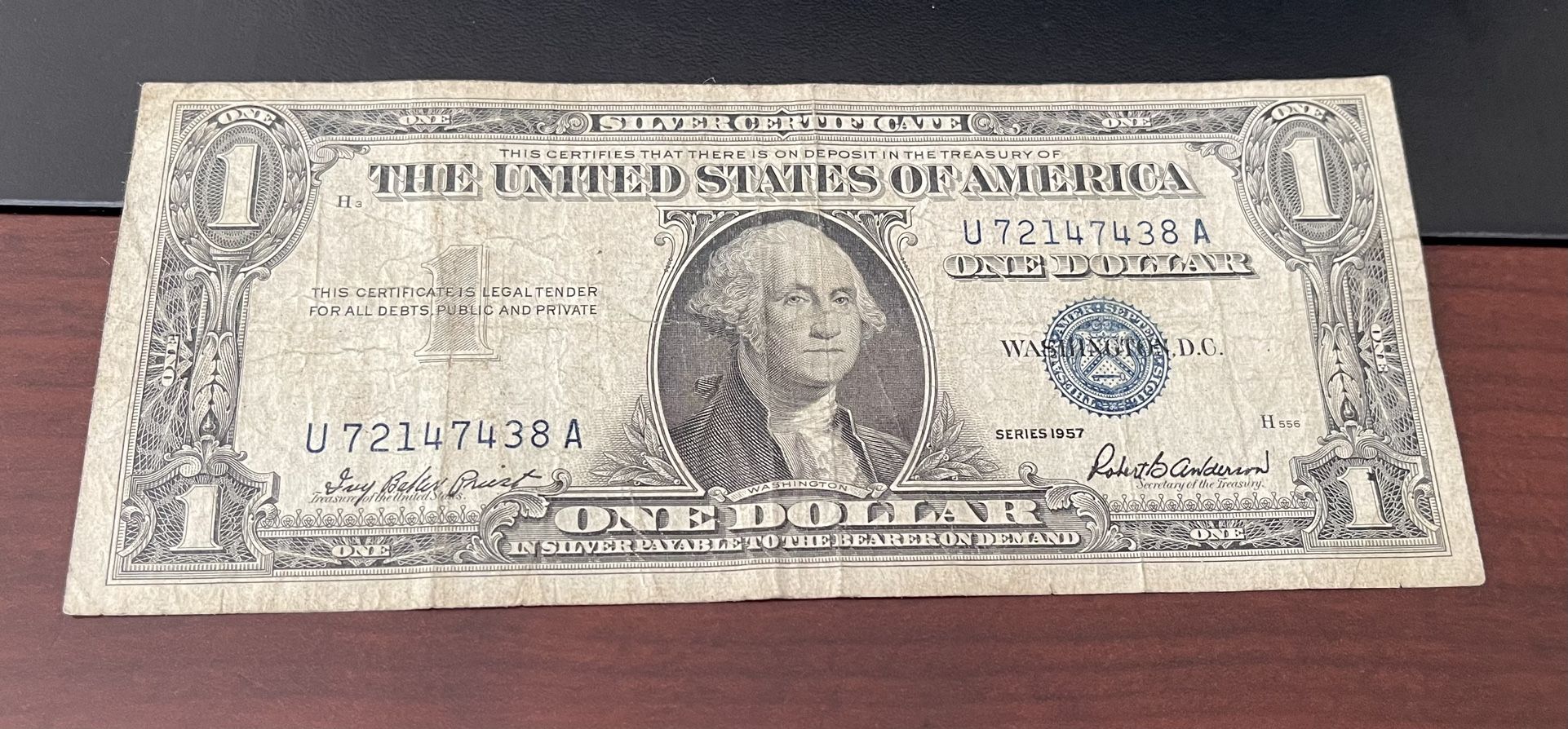 US $1 Bill Blue Seal Silver Certificate Note, 1957