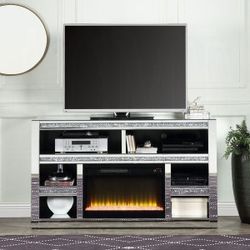 Mirrored & Faux Diamond TV Stand with LED Fireplace

