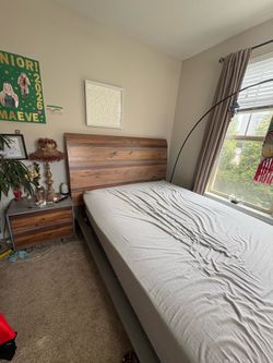 Queen sized industrial wooden bed frame + bedside table