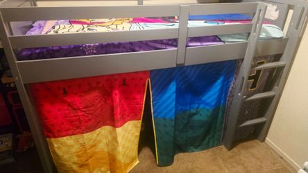 Gray Kids Loft Bed with Tent Curtains