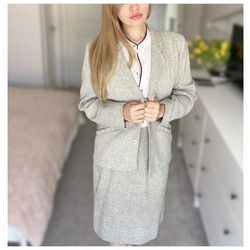 Vintage 80s Grey Wool Single Breasted Blazer And A-Line Skirt Ladies' Set L/XL Size
