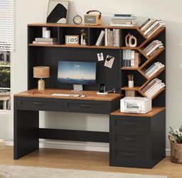 55" Computer Desk with Bookshelf, Drawers ＆ Hutch ,with Power Strip, Built-in Printer Stand and Storage Shelves, Brown and Black