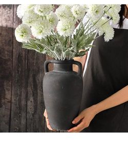 Large terracotta Farmhouse Ceramic Flower Vase with Handles, 11 inch Tall