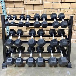 5-50lb Rubber-Hex Dumbbell Set with 3-Tier Storage Rack ~ Brand New 💪 