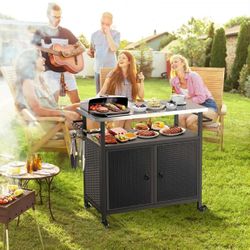 Outdoor Bar Cart with Wheels, Kitchen Island Cart with Stainless Steel Top for BBQ, Patio, Backyard