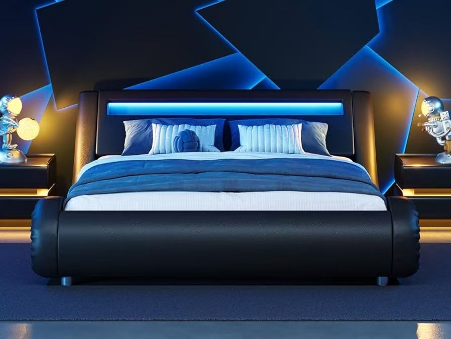 Double bed frame with RGBW LED light headboard