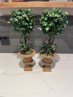 Pair of Faux Ivy Topiary Trees in Urn Planters