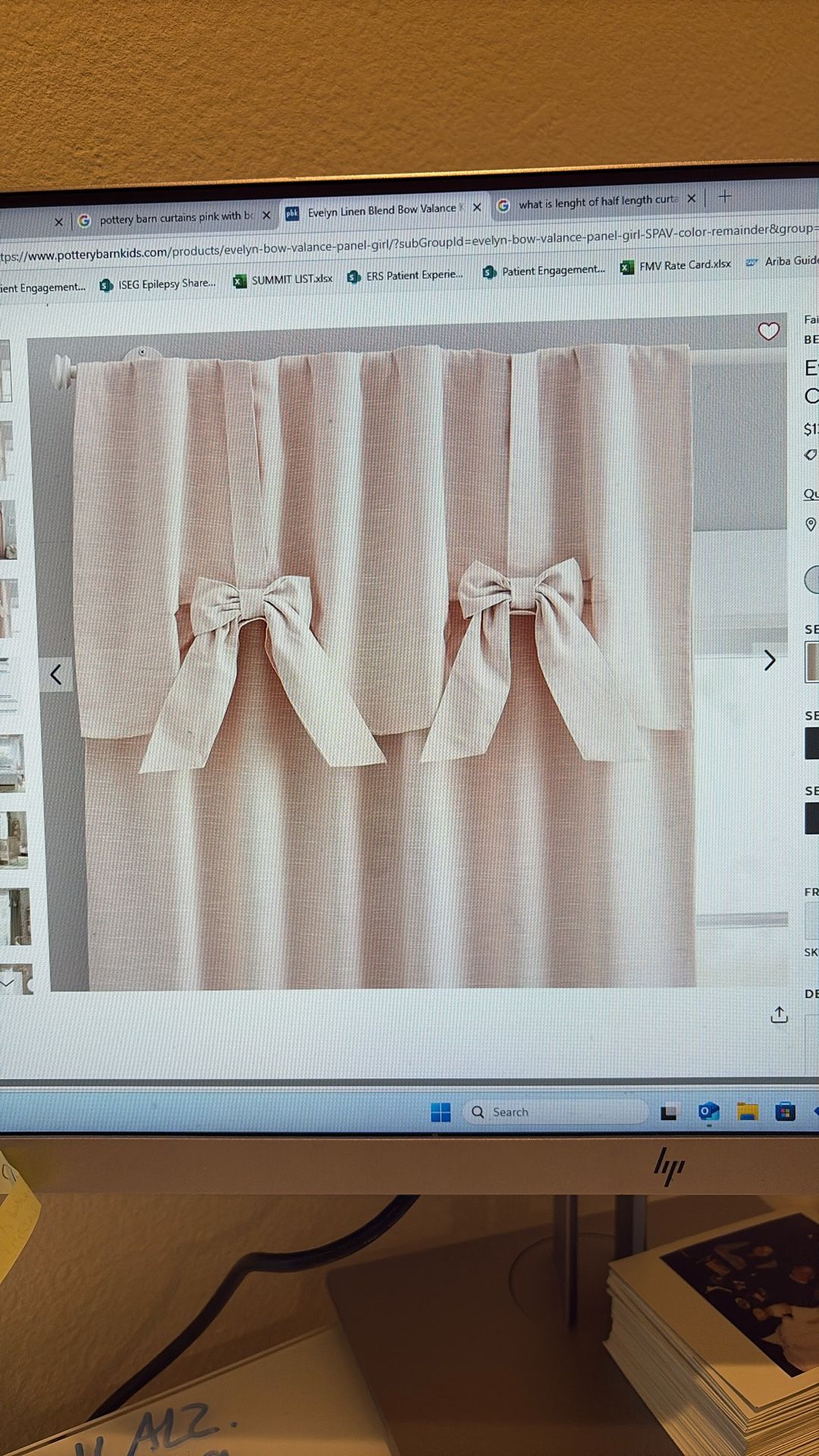 Pottery barn nursery Curtains- Blush Pink/ Evelyn Linen Blend Bow Valance Blackout Curtain- Set Of 2- 44”W X 63”L