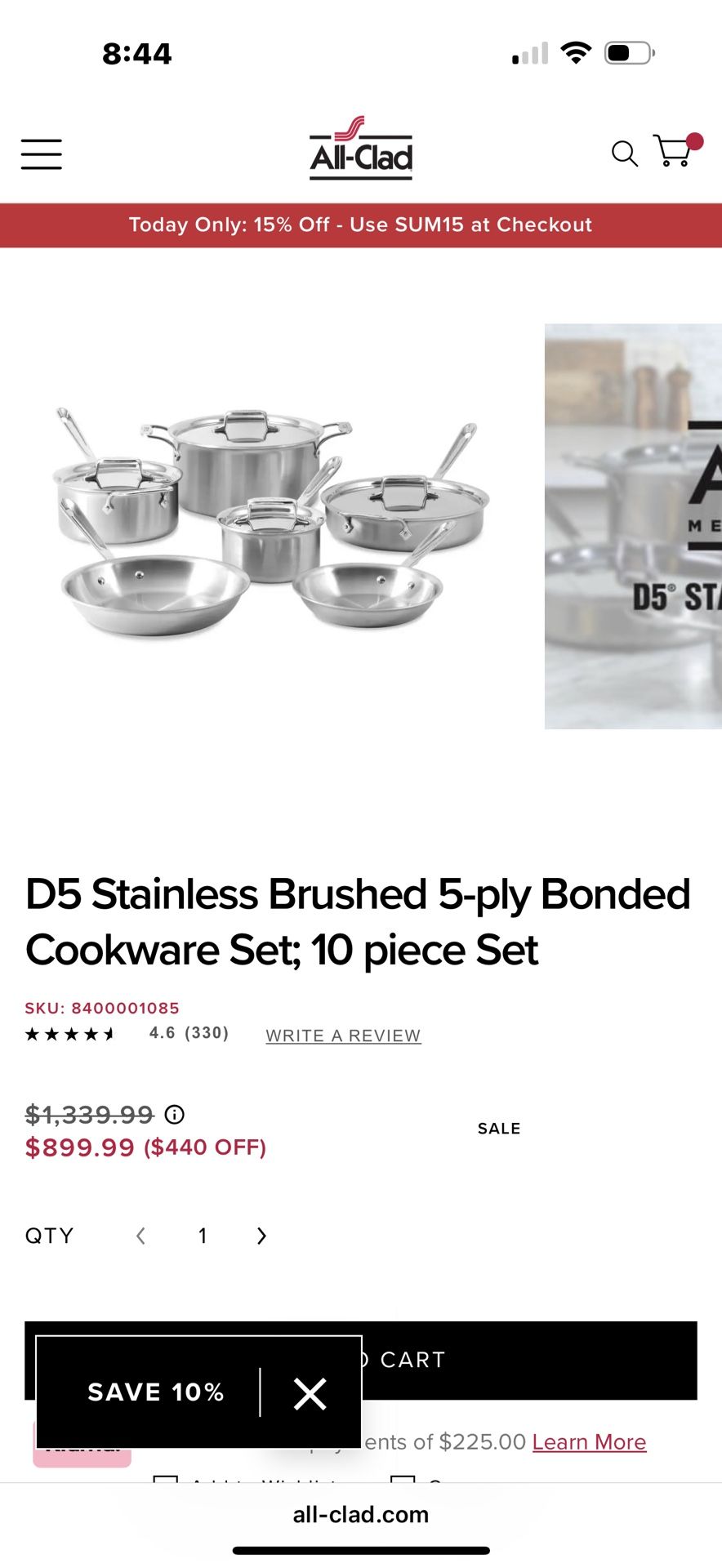 D5 Stainless Brushed 5-ply Bonded Cookware Set; 10 piece Set