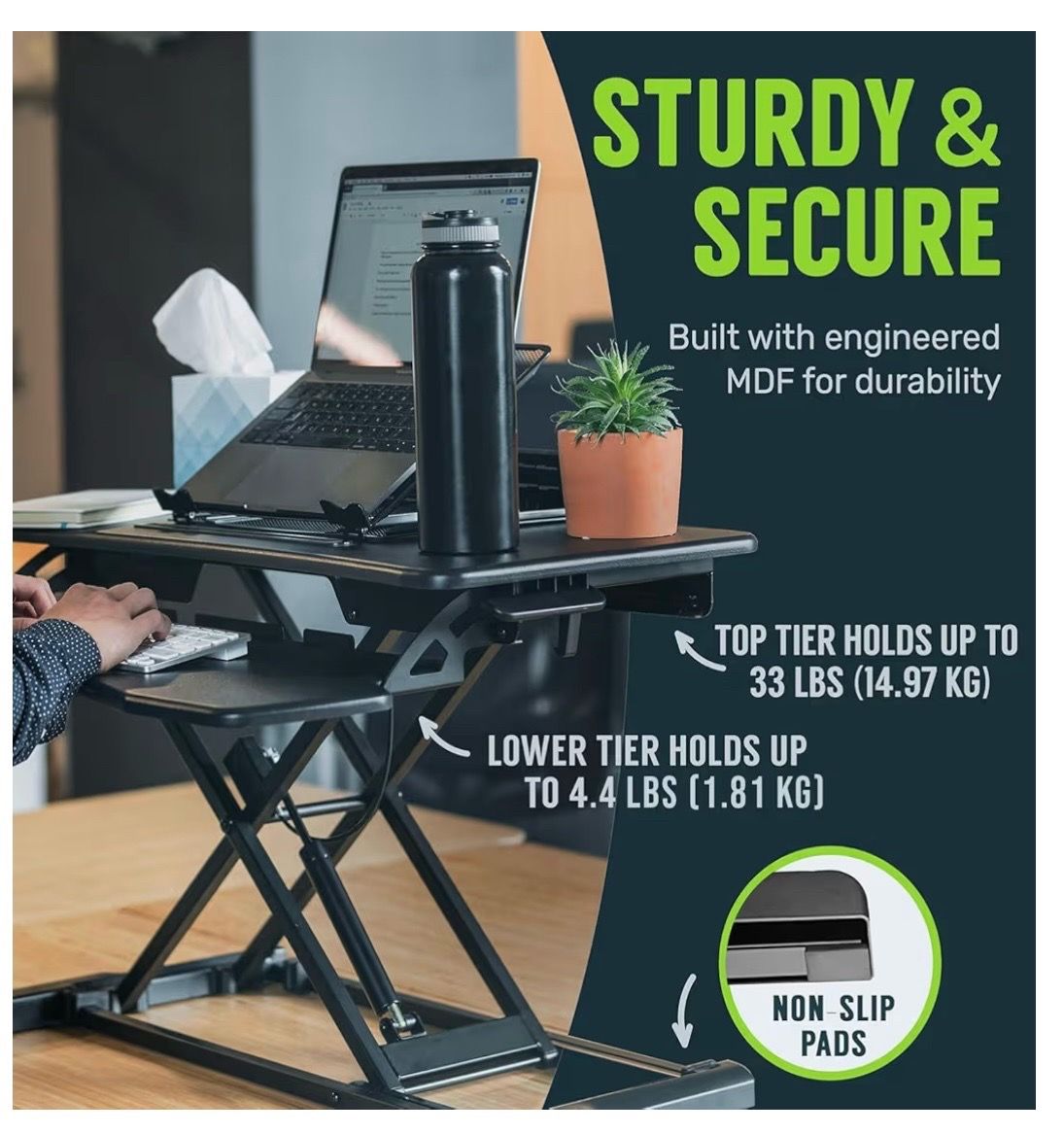 Desk Converter-37-inch Height Adjustable, MDF Wood, Sit-to-Stand Rise-X Pro Black, 36"