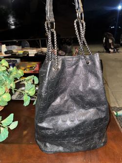 Black Skull Embossed Leather Tote Bag