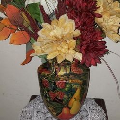 VINTAGE WARM SUMMER COLORS FRUIT FLORAL ARRANGEMENT FLOWER VASE ACCENT TABLE DECOR DISPLAY CENTERPIECE