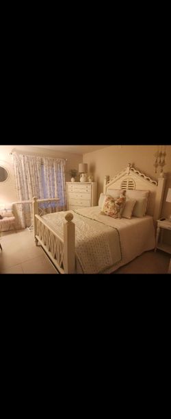 Queen size headboard and footboard. White unique distressed