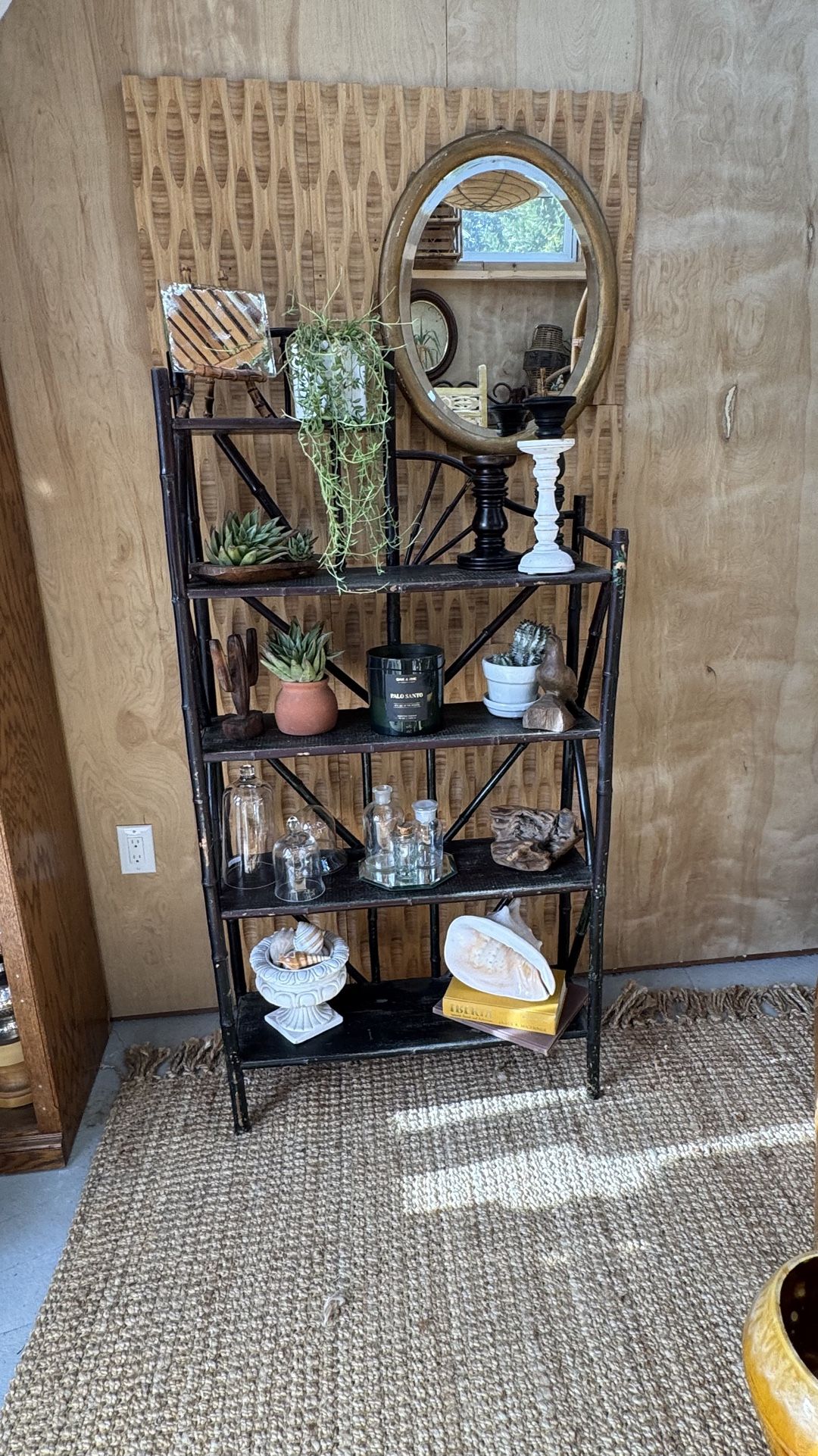Vintage Black Tortoiseshell Bamboo Shelf 5 Tiers Grass Cloth Painted Patina Book Plant Stand Display