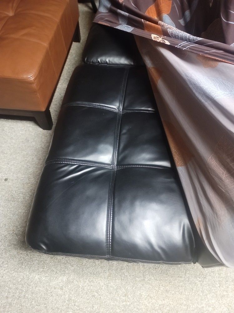 Black Matching Leather Futons With Slip Covers And 2 Ottomans for Sale