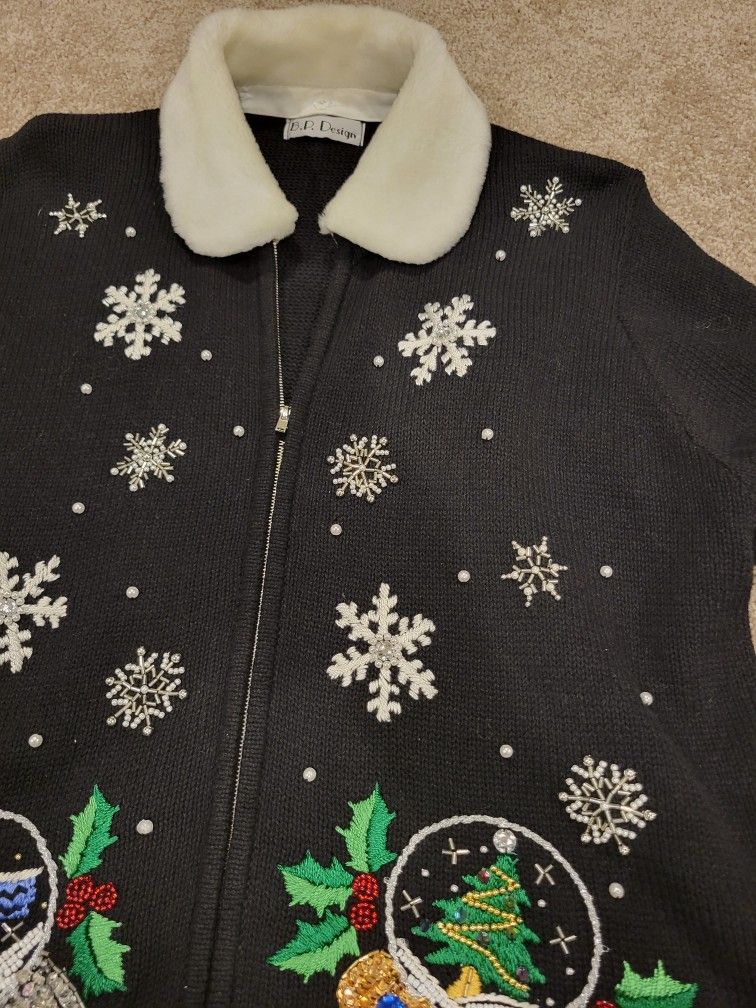 B.P. DESIGN Christmas Cardigan With Removable Minky White Collar Size M UGLY sweater