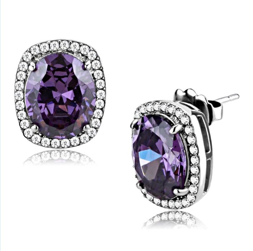 Women's Stainless Steel High polished CZ Amethyst Earrings