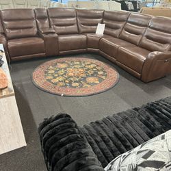 Power Reclining Top Grain Leather Sectional On Clearance 