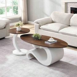 2-Piece Coffee Table Set,Oval & Round MDF