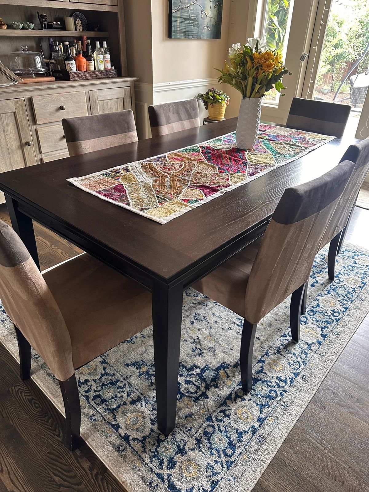Expandable modern up to 8 seater dining table in espresso finish and 8 chairs