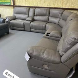 $10 Down Payment Real Leather Power Reclining Sectional Sofa Couch Dunleith 
