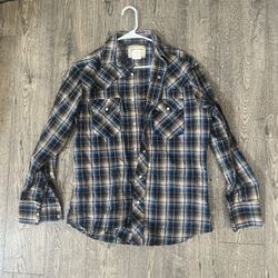 Wrangler Western Shirt Men's medium  Pearl Snap Blue Cream Plaid Rodeo Cowboy LS